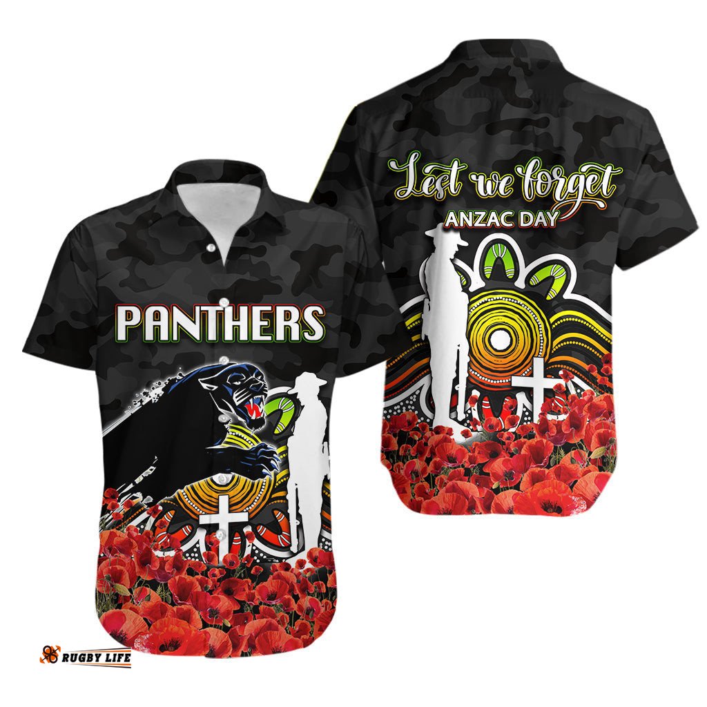 Penrith Panthers Hawaiian Shirt ANZAC Day Poppy Flowers With Army Patterns