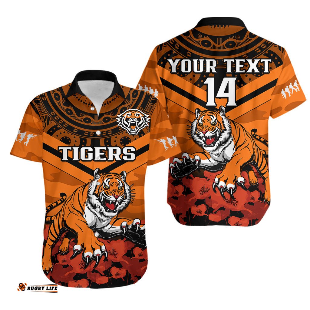 Custom Text And Number Tigers Rugby ANZAC Rugby Hawaiian Shirt Camouflage Mix Indigenous