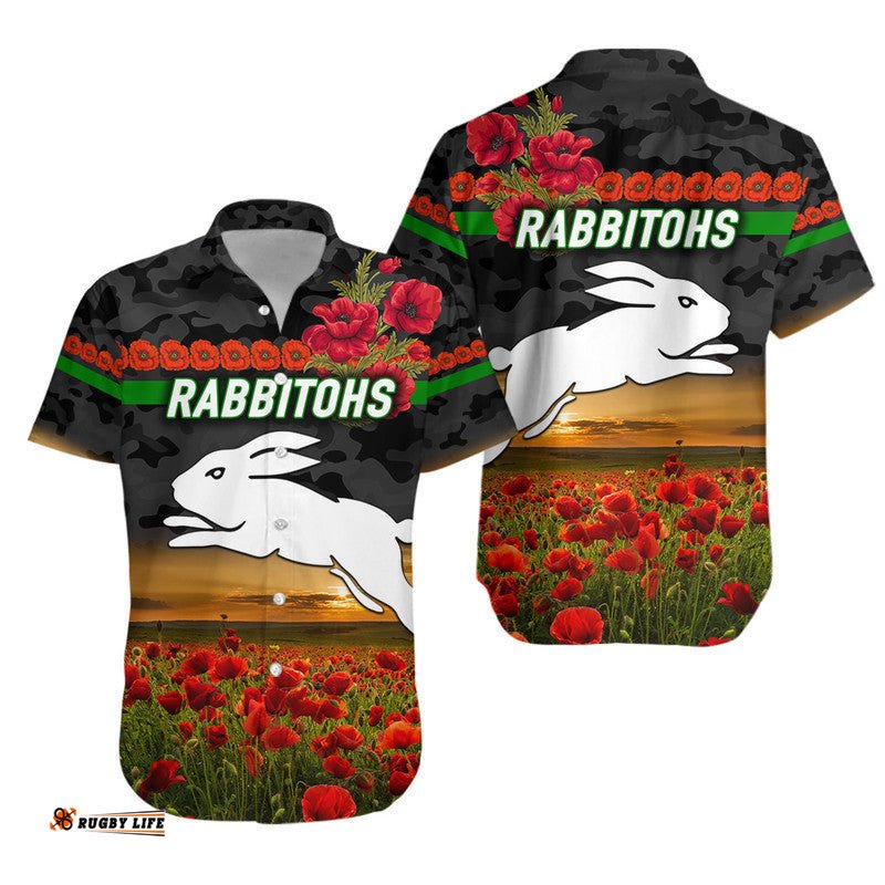 South Sydney Rabbitohs ANZAC Hawaiian Shirt Poppy Flowers Vibes Black