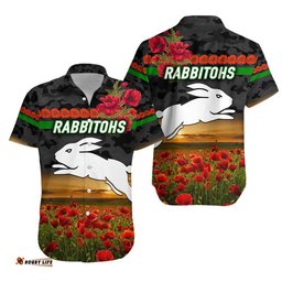 South Sydney Rabbitohs ANZAC Hawaiian Shirt Poppy Flowers Vibes Black