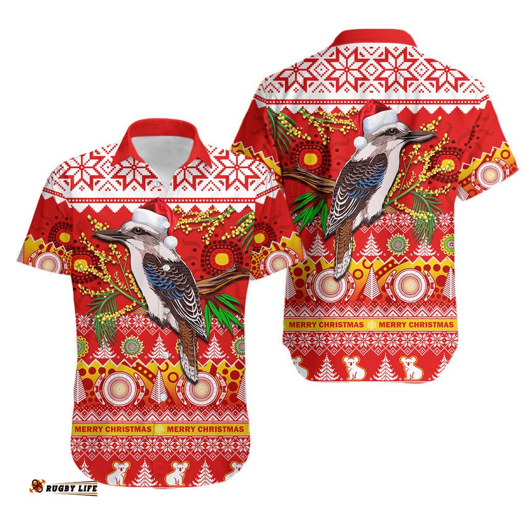 Australia Hawaiian Shirt Kookaburra Mix Golden Wattle Aboriginal Art Merry Christmas
