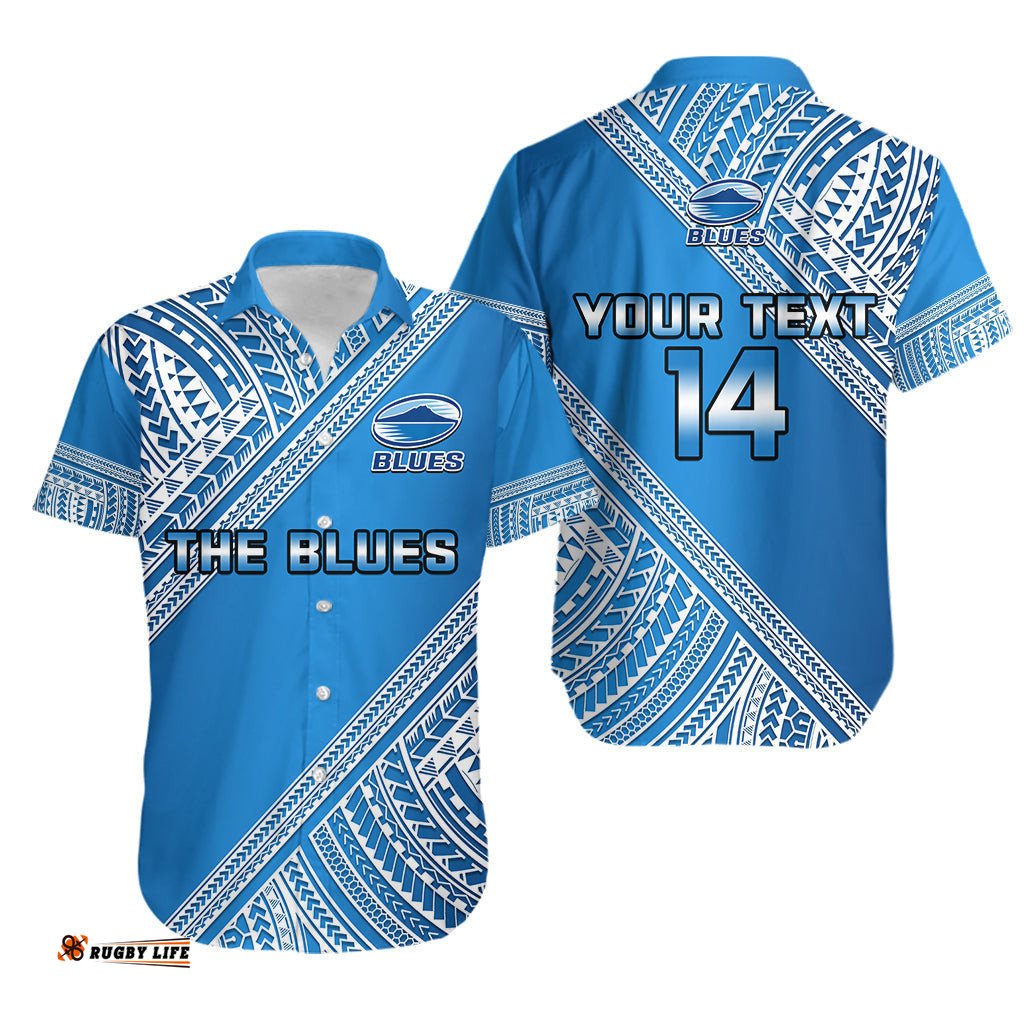 Custom Text And Number Blues Rugby Hawaiian Shirt Aotearoa Super Auckland Polynesian Pattern