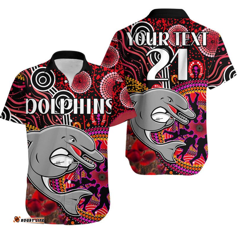 Custom Personalised Dolphins Rugby ANZAC Hawaiian Shirt Aboriginal Military and Poppy Flowers