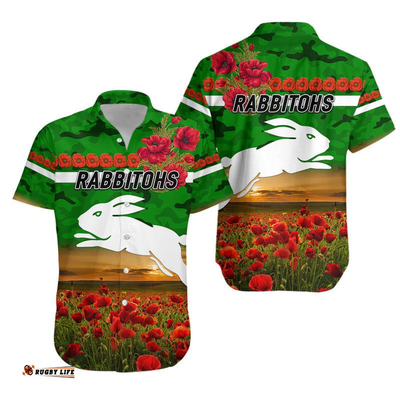 South Sydney Rabbitohs ANZAC Hawaiian Shirt Poppy Flowers Vibes Green