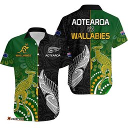 Aotearoa Rugby All Black Combine Australia Wallabies Hawaiian Shirt Aboriginal Kangaroo And Maori Fern
