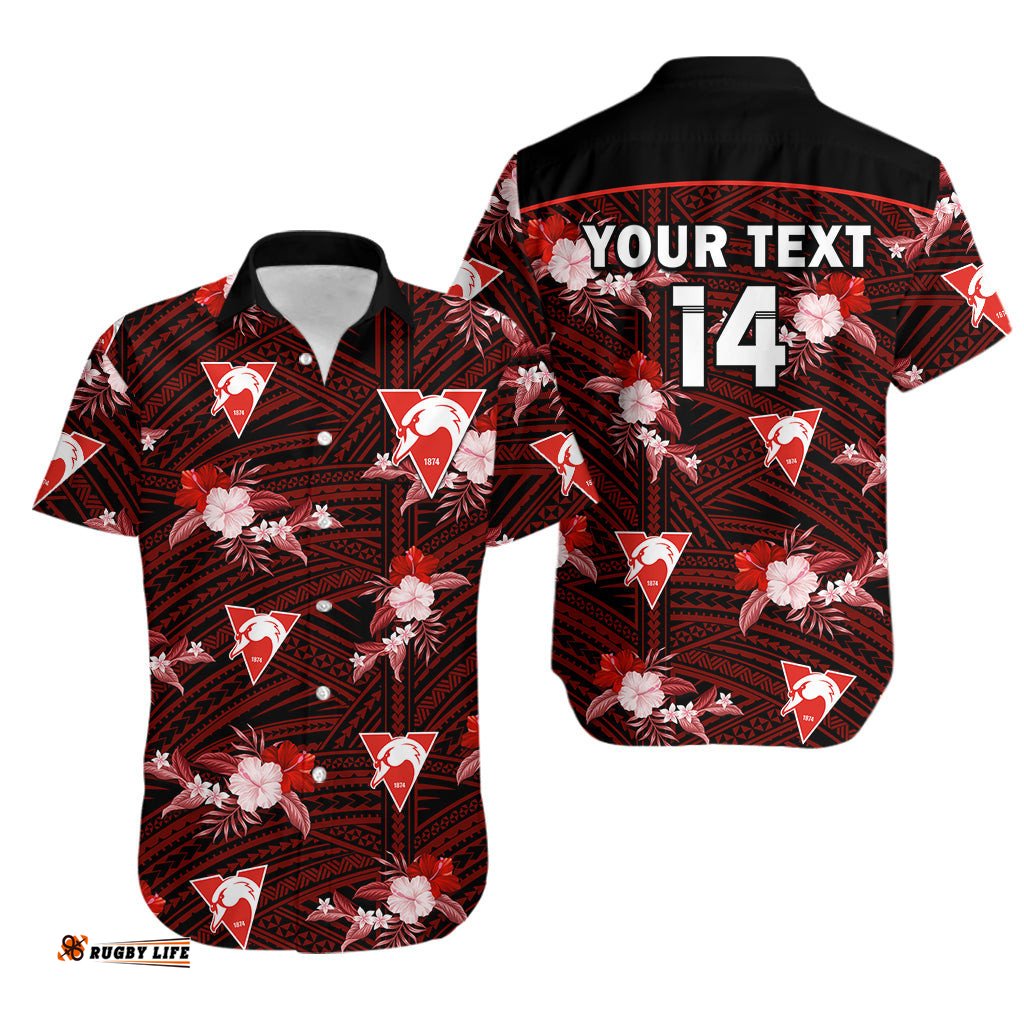 Custom Text And Number Sydney Swans Football Hawaiian Shirt Polynesian Tribal Mix Tropical Hawaiian Style
