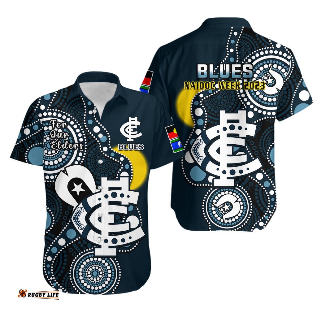 Carlton Football NAIDOC Hawaiian Shirt Blues For Our Elders Indigenous Art