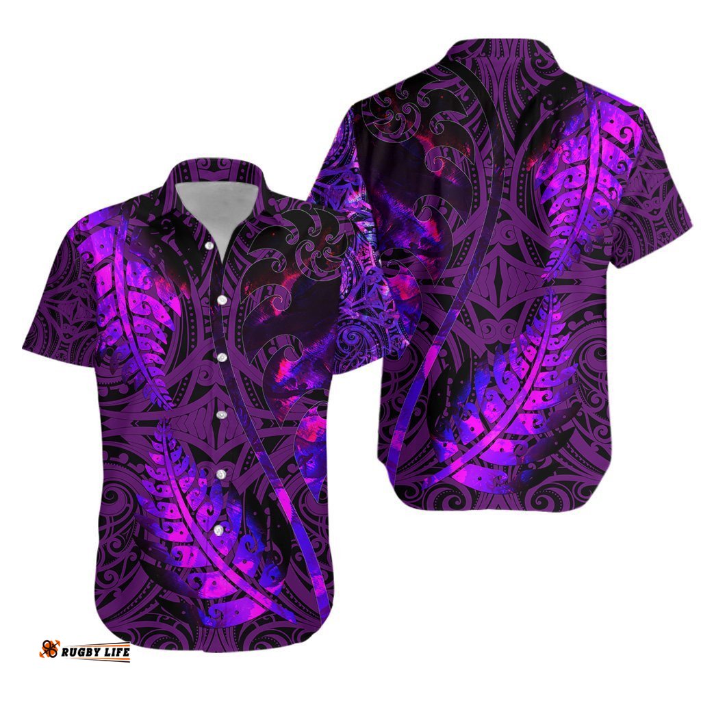 Aotearoa Maori Hawaiian Shirt Silver Fern Koru Vibes Purple