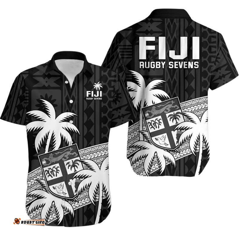 Fiji Rugby Sevens Hawaiian Shirt Tapa Palm Tree and Fijian Coat of Arms