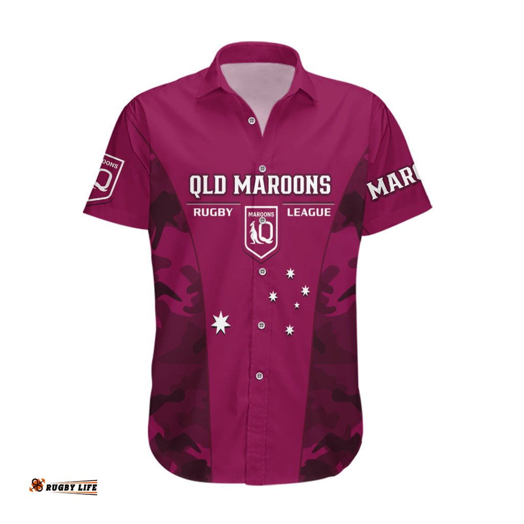 Personalised QLD Rugby Hawaiian Shirt Go Maroons Camouflage Sporty Style