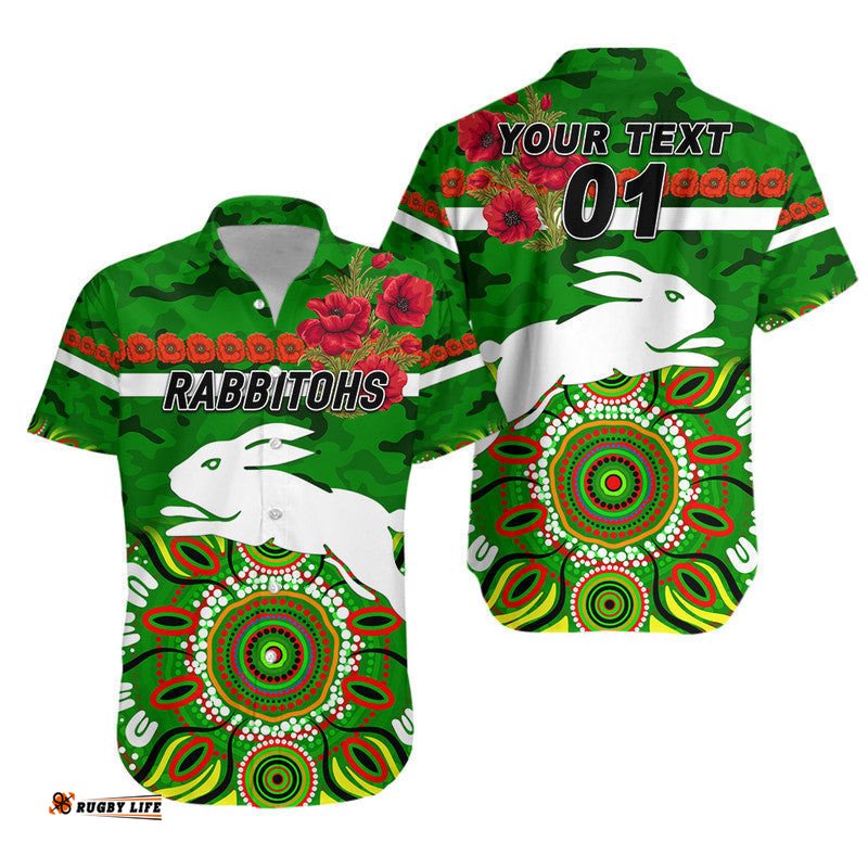 Custom Personalised South Sydney Rabbitohs ANZAC Hawaiian Shirt Indigenous Vibes Green