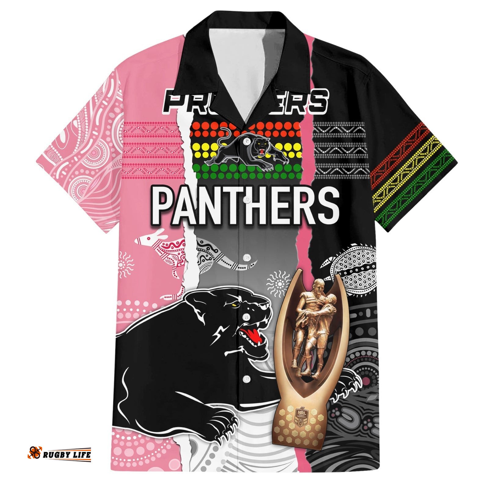 Personalised Panther Rugby NRL Premiers Hawaiian Shirt Panther Pride Black & Pink Aboriginal Mix Art