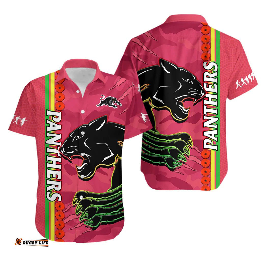 Panthers Rugby ANZAC Hawaiian Shirt Aboriginal Mix Poppy Camouflage Pink