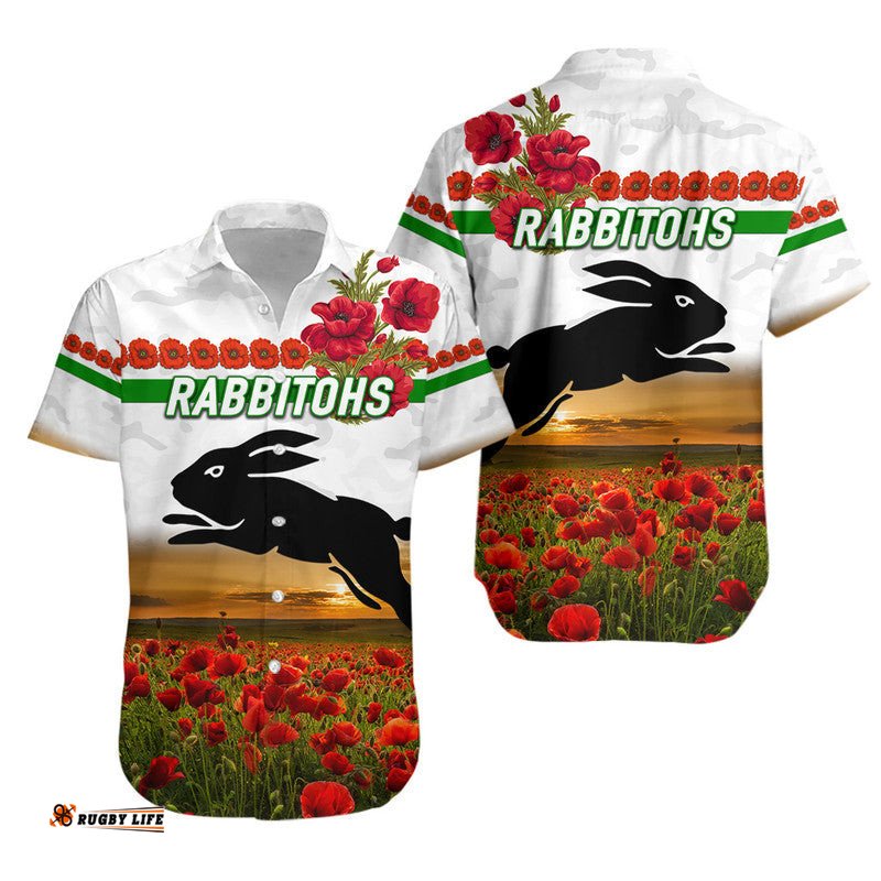 South Sydney Rabbitohs ANZAC Hawaiian Shirt Poppy Flowers Vibes White