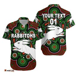 Custom Personalised South Sydney Rabbitohs Hawaiian Shirt Indigenous Vibes Black, Custom Text And Number