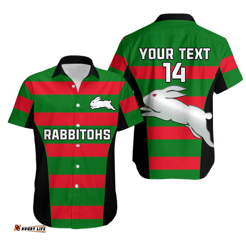 Custom Text And Number Rabbitohs Rugby Hawaiian Shirt Go Souths 1908 Sporty Style Black