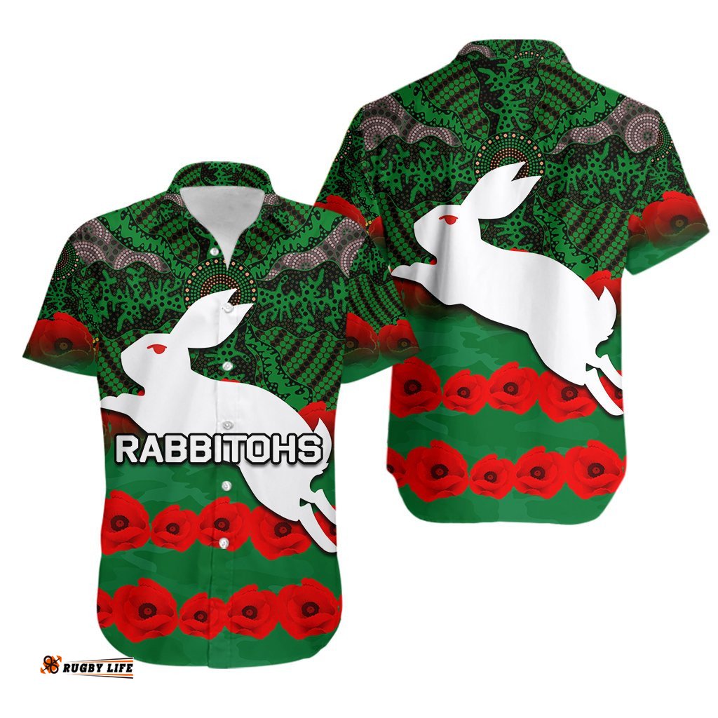 Rabbitohs Hawaiian Shirt Aboriginal With Poppy Flower ANZAC Day