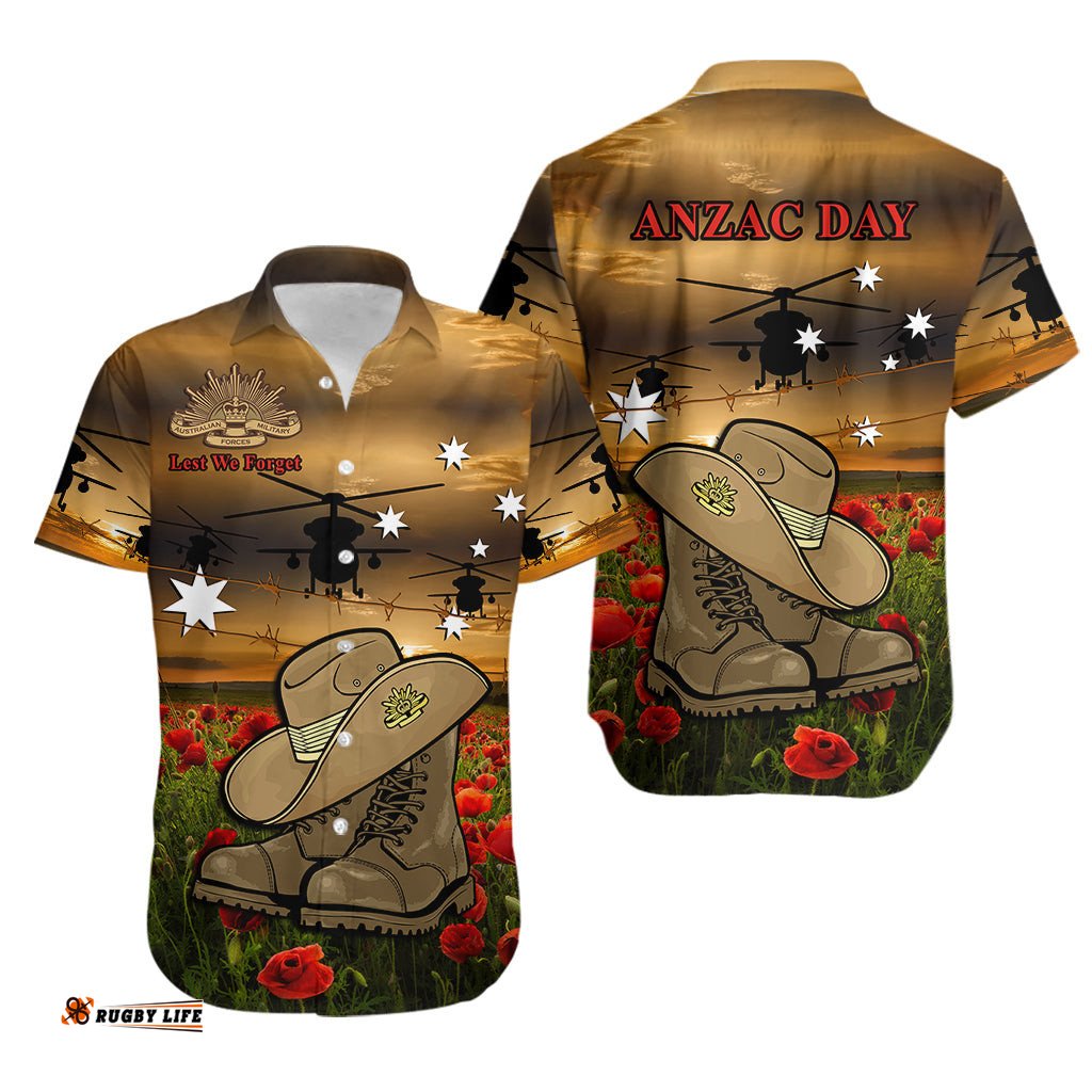 Australian ANZAC Hawaiian Shirt Slouch Hat And Army Boots With Poppy