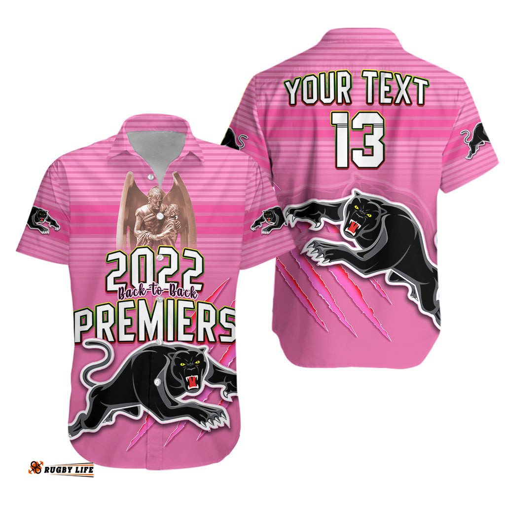 Custom Text and Number Panthers Proud Hawaiian Shirt Back to Back Premiers Version Pink