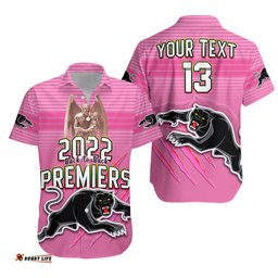 Custom Text and Number Panthers Proud Hawaiian Shirt Back to Back Premiers Version Pink