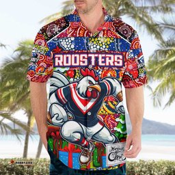 Custom Roosters Rugby Merry Christmas Hawaiian Shirt Indigenous Australian Art