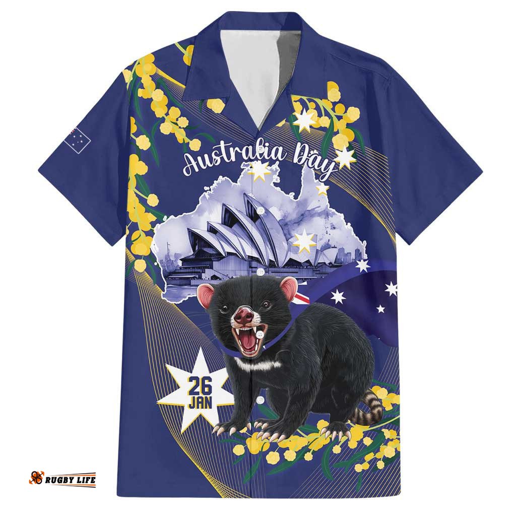 Tasimania Devil Australia Day Hawaiian Shirt Aussie Aussie Aussie Oi! Oi! Oi! Blue