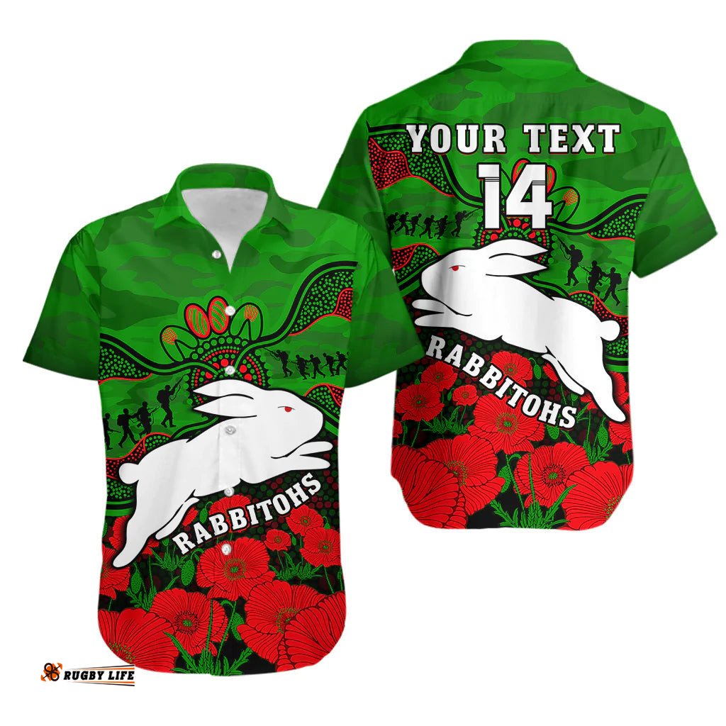 Custom Text And Number Rabbitohs Rugby ANZAC Hawaiian Shirt South Sydney Camouflage Poppy Aboriginal