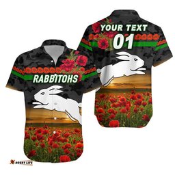 Custom Personalised South Sydney Rabbitohs ANZAC Hawaiian Shirt Poppy Flowers Vibes Black