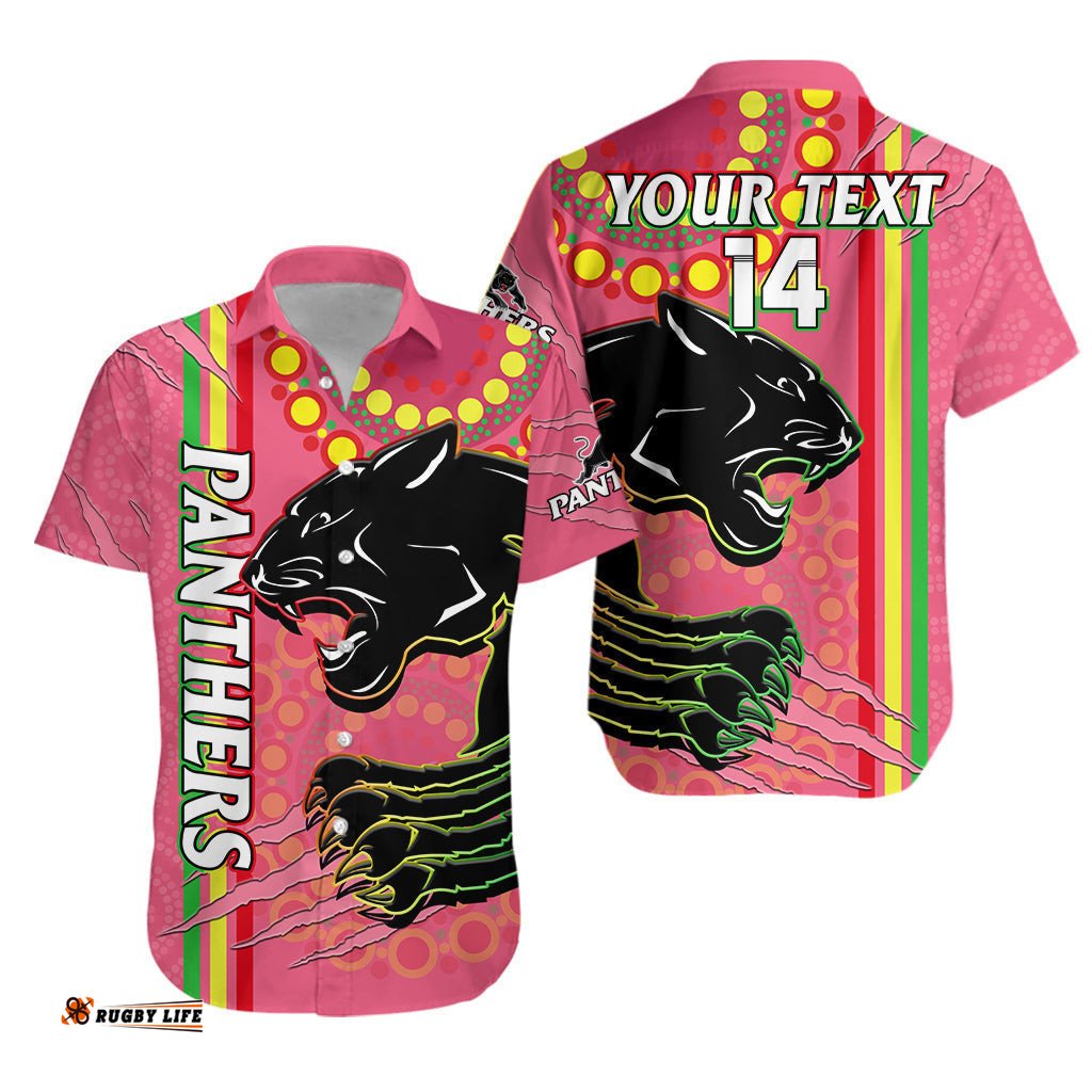 Custom Text And Number Panthers Rugby Hawaiian Shirt The Mountain Men Aboriginal Art Dynamic Pink Version