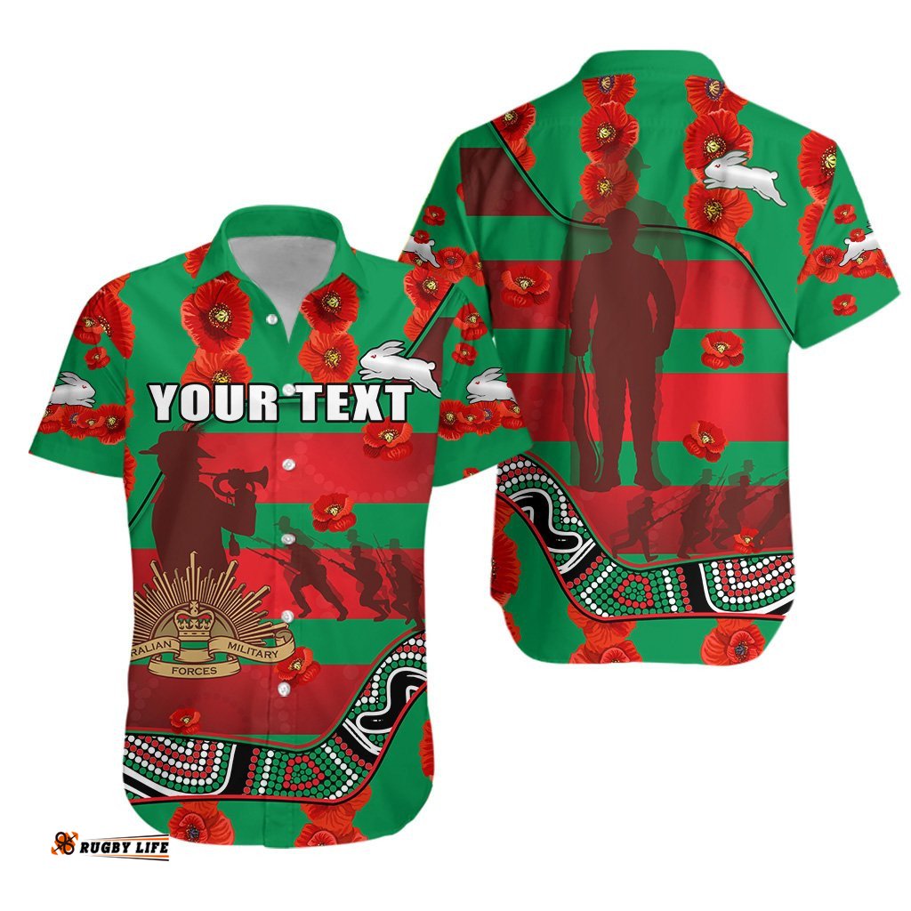 Custom Personalised Rabbitohs ANZAC Day Hawaiian Shirt Rugby South Sydney Indigenous Military