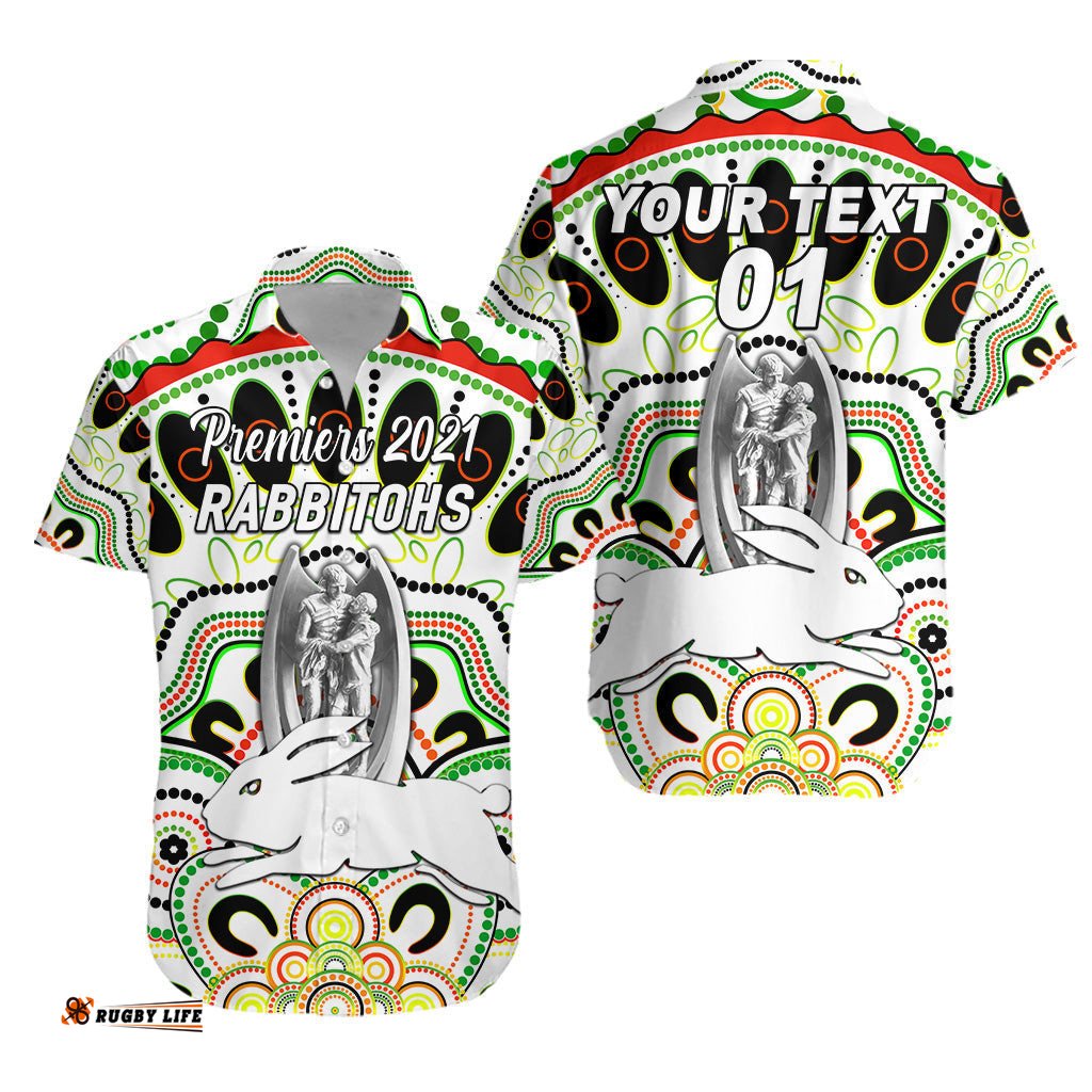 Custom Personalised South Sydney Rabbitohs Hawaiian Shirt Indigenous Premiers Trophy White, Custom Text And Number
