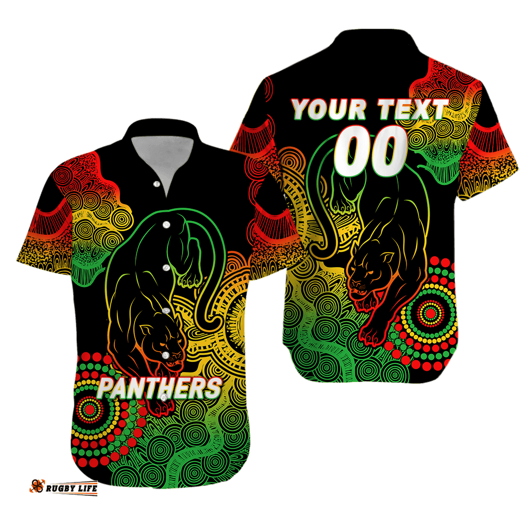 Custom Personalised Panthers Rugby Aboriginal Art Black Hawaiian Shirt