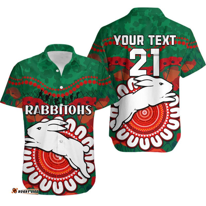 Custom Personalised Rabbitohs Rugby ANZAC Hawaiian Shirt Camouflage Poppy