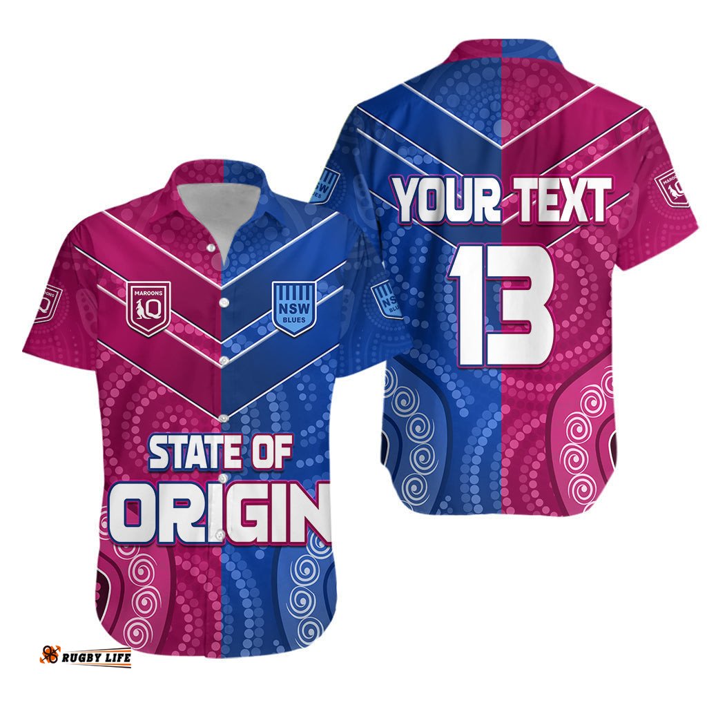 Custom Text and Number Blues and Maroons Rugby Hawaiian Shirt Origin NSW Combine Queensland Aboriginal Australian