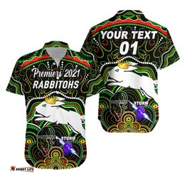 Custom Personalised South Sydney Rabbitohs Hawaiian Shirt Indigenous Premiers The King Black, Custom Text And Number