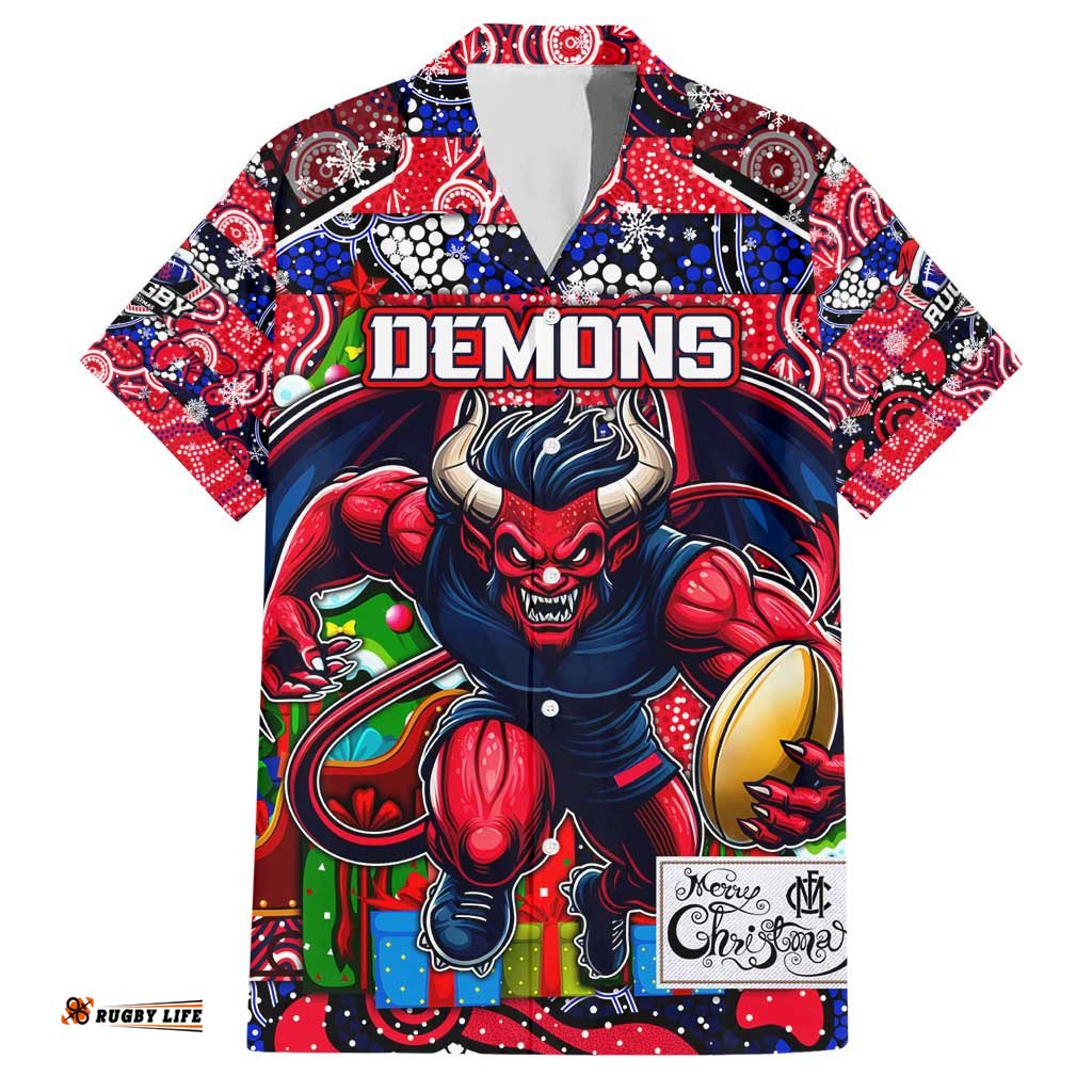 Custom Demons Football Merry Christmas Hawaiian Shirt Indigenous Australian Art