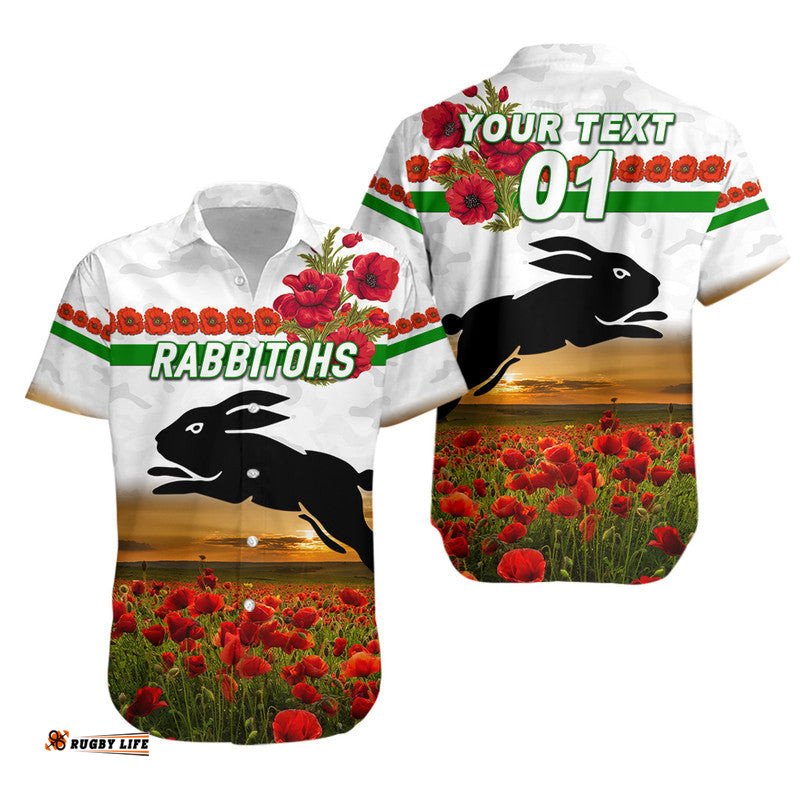 Custom Personalised South Sydney Rabbitohs ANZAC Hawaiian Shirt Poppy Flowers Vibes White
