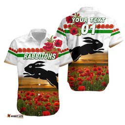Custom Personalised South Sydney Rabbitohs ANZAC Hawaiian Shirt Poppy Flowers Vibes White