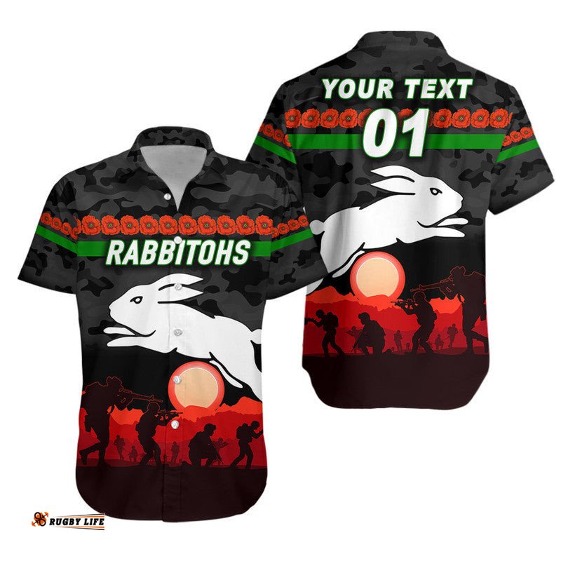 Custom Personalised South Sydney Rabbitohs ANZAC Hawaiian Shirt Simple Style Black