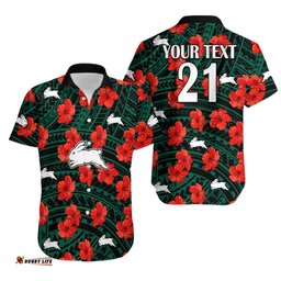 Custom Text And Number Rabbitohs Rugby Hawaiian Shirt Polynesian Style With Hibiscus