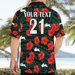 Custom Text And Number Rabbitohs Rugby Hawaiian Shirt Polynesian Style With Hibiscus