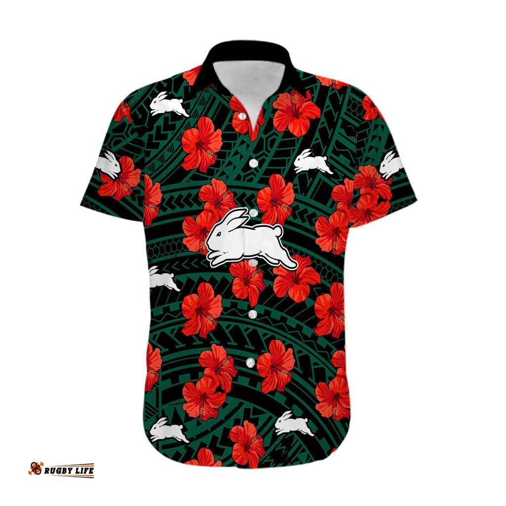 Custom Text And Number Rabbitohs Rugby Hawaiian Shirt Polynesian Style With Hibiscus