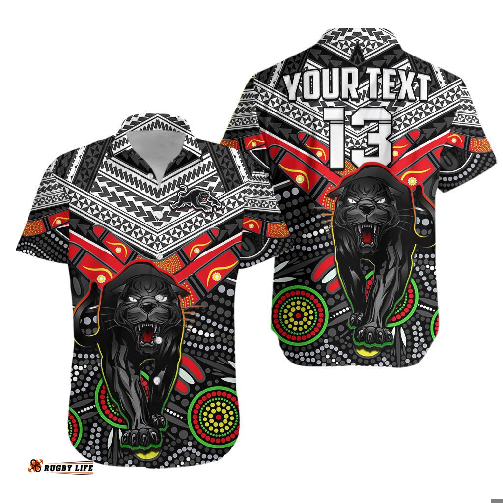 Custom Text and Number Panthers Rugby Hawaiian Shirt Aboriginal and Polynesia Penrith The Riff