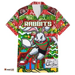 Custom Rabbitohs Rugby Merry Christmas Hawaiian Shirt Indigenous Australian Art
