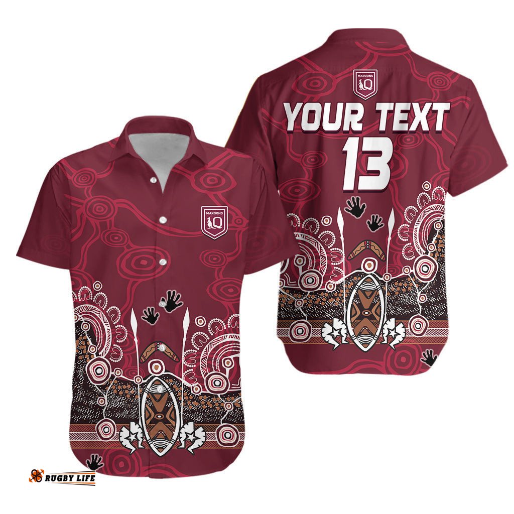 Custom Text and Number Maroons Rugby Hawaiian Shirt Queensland Aboriginal