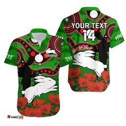 Custom Text And Number Rabbitohs Rugby ANZAC Hawaiian Shirt Lest We Forget