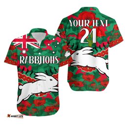 Custom Text And Number Rabbitohs Rugby ANZAC Hawaiian Shirt Lest We Forget