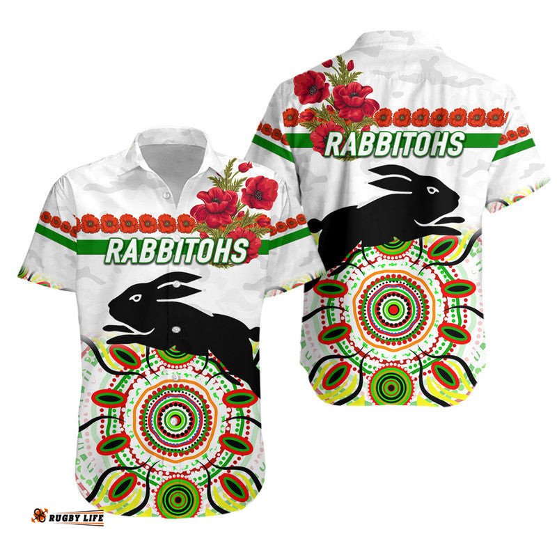 South Sydney Rabbitohs ANZAC Hawaiian Shirt Indigenous Vibes White