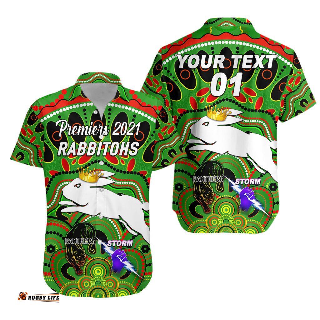Custom Personalised South Sydney Rabbitohs Hawaiian Shirt Indigenous Premiers The King Green, Custom Text And Number