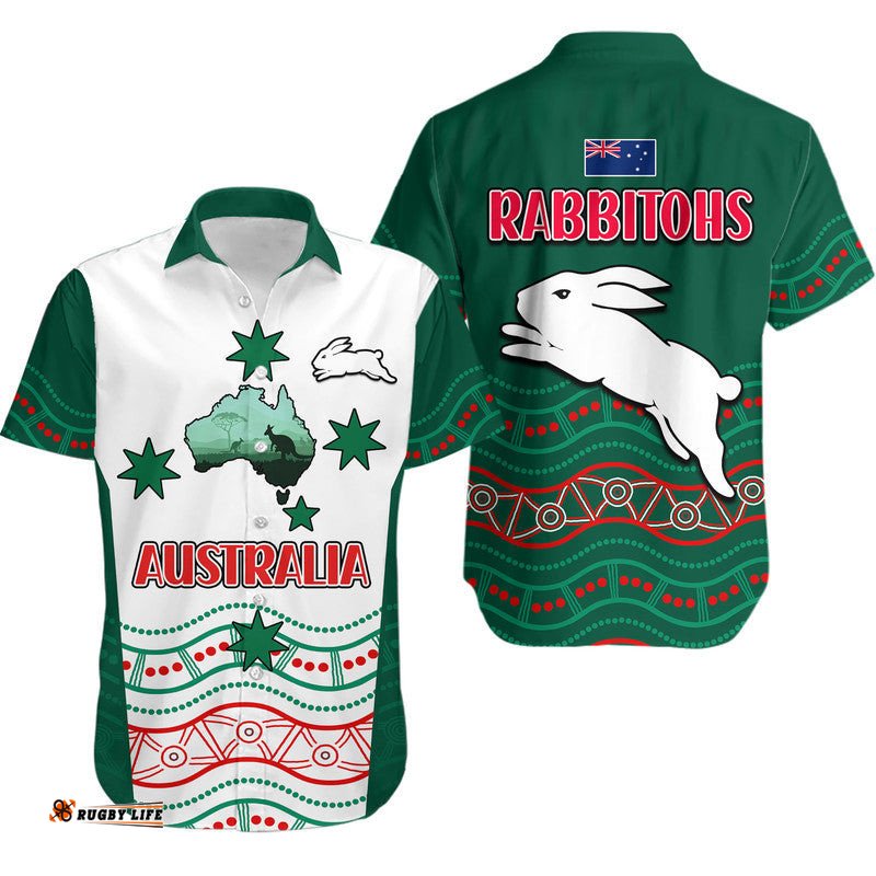 Rabbitohs Australia Day Hawaiian Shirt Flag Map and Aboriginal Wave